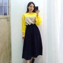 이힝 3단배색 스트링 긴팔 롱원피스