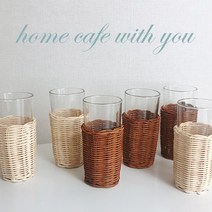 핸드메이드 라탄 컵홀더 컵받침+유리컵포함, 라탄컵홀더_브라운+유리컵