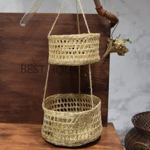 인테리어 매쉬 왕골 2단 행잉 바구니 수납 펜트리