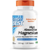 Doctor's Best 고흡수 마그네슘 리시네이트 글리시네이트 100% 킬레이트화 52.5 mg 베지 캡슐 120정