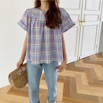 로아시크 / 여름 라운드 체크 퍼프 반팔 블라우스 2컬러