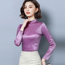 Happy shopping 새틴 긴팔 블라우스 티셔츠 여성 반 폴라 봄 티