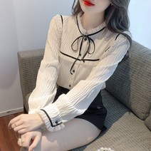 봄 리본 레이스 하이넥 블라우스 긴팔 상의 이너 셔츠 양기녀