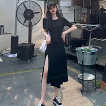 쿨샵 앞트임 여성 원피스 시크한 블랙 반팔 롱원피