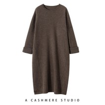퓨어 캐시미어 100% 롱 니트 원피스 라운드 넥 오버 핏