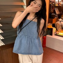 마노 백 리본 데님 슬리브리스 탑 블라우스