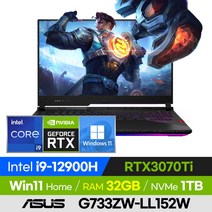 ASUS ROG SCAR G733ZW-LL152W 고사양 롤 배그 오버워치 발로란트 17인치 게이밍 노트북 (코어i9-12900H/RTX3070Ti), 윈도우 포함, 32GB, 1TB, 코어i9, 오프 블랙