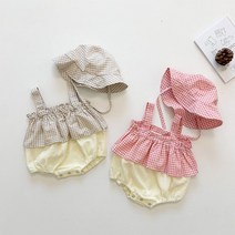 [당일발송]베스더스 여아 아기 베이비 신생아 체크 프릴 여름 나시 프릴 슈트 벙거지 모자 세트 백일 돌 애기옷