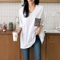 중년여성의류 40 50대 엄마옷 빅사이즈 레오파드 호피 포켓 면 티셔츠