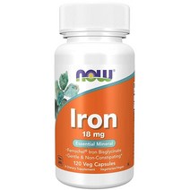 NOW 보충제 철분 18mg 비변성＊ 필수 미네랄 식물성 캡슐 120개