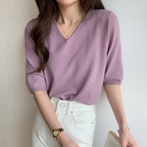스타일아유 여성 여름 루즈핏 브이넥 니트 반팔 니트티 무지 5부 티셔츠