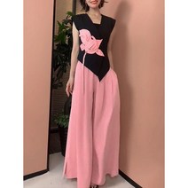 Meainna 가벼운 럭셔리 패션 정장 여성의 여름 새로운 핑크 튤립 입체 꽃 조끼 재킷 넓은 다리 바지 투피스, 