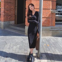 여성 루즈핏 골지 케이블 터틀넥 빅카라 프릴 랩 하객 브이넥 맥시 니트 롱 원피스 스웨터