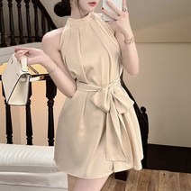 트루픽 리본 홀터넥 오프숄더 미니 원피스 턱디테일 드레스 페미닌 무지 A라인