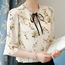 플라워프릴블라우스 엄마 부스지다 꽃블라우스 여성 여름 와이드 루즈핏 5부 나팔 소매 저고리 배가리기 4159521397