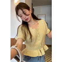봄 개나리 스퀘어 넥 플레어 포인트 크롭 펀칭 노랑 반소매 니트 블라우스 새학기 데이트룩