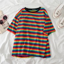 Xianglin달콤한 레인보우 스트라이프 여성 여름 티셔츠 미니멀리스트 반팔 여성 의류 보그 탑스 티셔츠 커플 의류 티셔츠 탑
