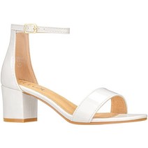 ILLUDE 여성용 패션 앵클 스트랩 키튼 힐 샌들 - 사랑스럽고 귀여운 로우 블록 힐 - 자스민 화이트 페이턴트
