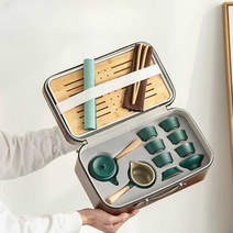 이동식 여행용 다기세트 찻잔 다관 다도세트 휴대, 진한 녹색(옆손잡이포트 6컵 여행용 차 세트)
