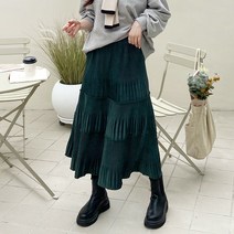 데일리앤 가을 주름 스웨이드 벨벳 밴딩 플리츠 롱 스커트 페이크