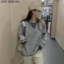 JUST FEEL!NG 봄 가을 라운드넥 상의 얇은 긴팔맨투맨 패션 오버핏 긴팔티 스트라이프 맨투맨 셔츠