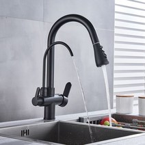 Uythner waterfilter는 주방 수도꼭지 듀얼 핸들 데크 마운트 믹서 탭 360 회전 정수 기능 크레인, 03 Matte Black