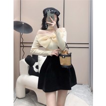 오프숄더니트 루즈핏 오픈숄더 골지 리본 프렌치