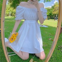 프렌치 앤티크 퍼프소매 스타일 넥 쇄골 날씬 화이트 여하심 하객원피스 블라우스 치마 여성 여름원피스