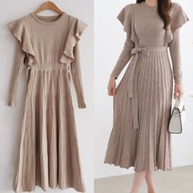 날개 셔링 주름 니트 원피스