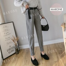 Makone 상표등록 여성 체크 조커 팬츠 조거 소세지 밴당 벨트 모직 기모 겨울 정장 슬랙스 바지 키작녀