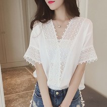 Ssysomey 여성 데일리 셔츠 반팔 남방 링클 티 블라우스