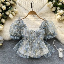 넥 프릴 블라우스 여성용 블라우스 패션 셔츠 꽃 무늬 짧은 소매 자르기