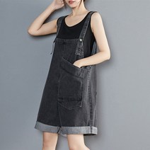 WHYY 여자 여름 데님 멜빵 슬랙스 빅 사이즈 끈 점프슈트 5부 와이드 팬츠