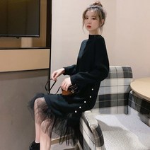 블랙원피스 가을과 봄 splicing 레이스 니트 드레스 슬림 하프 하이 칼라 중 길이 롱 셔츠 블랙 스웨터 스커트 이쁜원피스