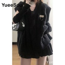 귀여운 일본 스타일 여성 스웨터 조끼 인쇄 민소매 느슨한 겉옷 니트 조끼 2022 빈티지 Y2K 가을 풀오버 탑스