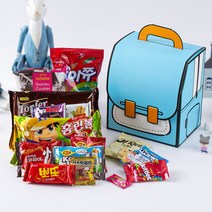 종합 과자 세트 / 입학 졸업 시험 응원 생일 간식 선물 답례품 / 간식 15종 라벨 무료 제작, 1개, 가방패키지(블루) + 간식 15종 + 무료라벨