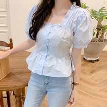쇼트 시크 탑 여름 퍼프 슬리브 슬림 웨이스트 페플럼 레이스 업 보타이 러플 셔츠 블라우스 여성용 한국 일본 Flhjlwoc 귀여운