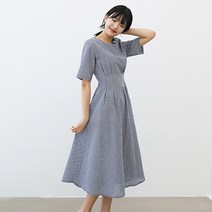 프롬코 여성 여름 시원한 체크 반팔 핀턱 롱 원피스 FRC162