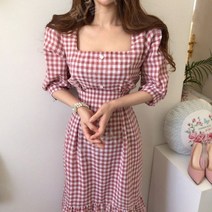 봄 여름 7부 원피스 롱 드레스 체크 레드 블랙 쇼호스트 캐스터