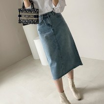 마이시즌 밑단 컷팅 뒷밴딩 데님 스커트