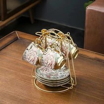 POGOOD 노르딕 로얄 도자기 커피잔 + 받침 + 티스푼 + 컵 수납 선반 세트, 4, 꽃
