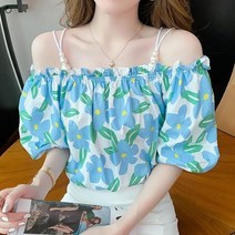 스타일아유 여름 여성 플라워 꽃무늬 퍼프 밴딩 반팔 블라우스 플레어 오프숄더 루즈핏 티셔츠 크롭 셔츠