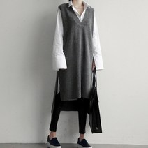 여성 레이어드 브이넥 롱 니트 조끼 W136