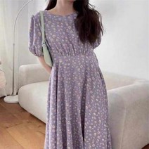 키치 봄 여름 반팔 라운드넥 소매퍼프 데이지 꽃무늬 플라워 허리끈 맥시 롱원피스