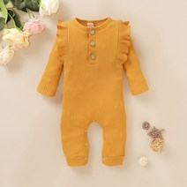 FULIBS 유럽과 미국 스타일 봄과 가을 아기 소녀 귀여운 서양식 Jumpsuit 단색 범퍼 긴 플라잉 슬리브 숨겨진 버클 Jumpsuit 1L