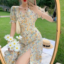 ANYOU 여름 슬림해 보임 반팔원피스 브이넥 퍼프소매 플라워 원피스 쉬폰 롱원피스 데일리 헵번 스타일 여성복