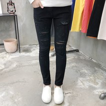 용된다 남자 봄 디스트로이드 찢어진 청바지 블랙진