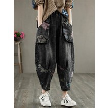 도다인 WAWAMOM 여성 플라워 데님 배기팬츠 똥싼바지 패션 청바지 DAR78