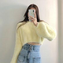 요시아나 [당일발송] 크리미 보들보들 깃털 퍼 볼륨소매 크롭 니트 -4컬