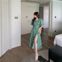 비치 원피스 롱 바닷가 바캉스 퍼프 소매 녹색 플라워 원피스